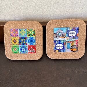 Decorative Coasters Set of 2 Features Traditional Portuguese Tile w/Cork Base